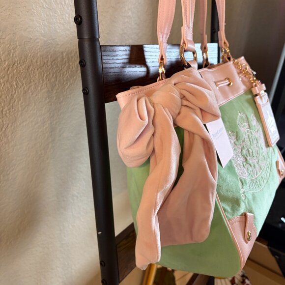 Juicy Couture Classic Scottie Daydreamer Tote Pink Green Velour Y2K - Picture 3 of 6
